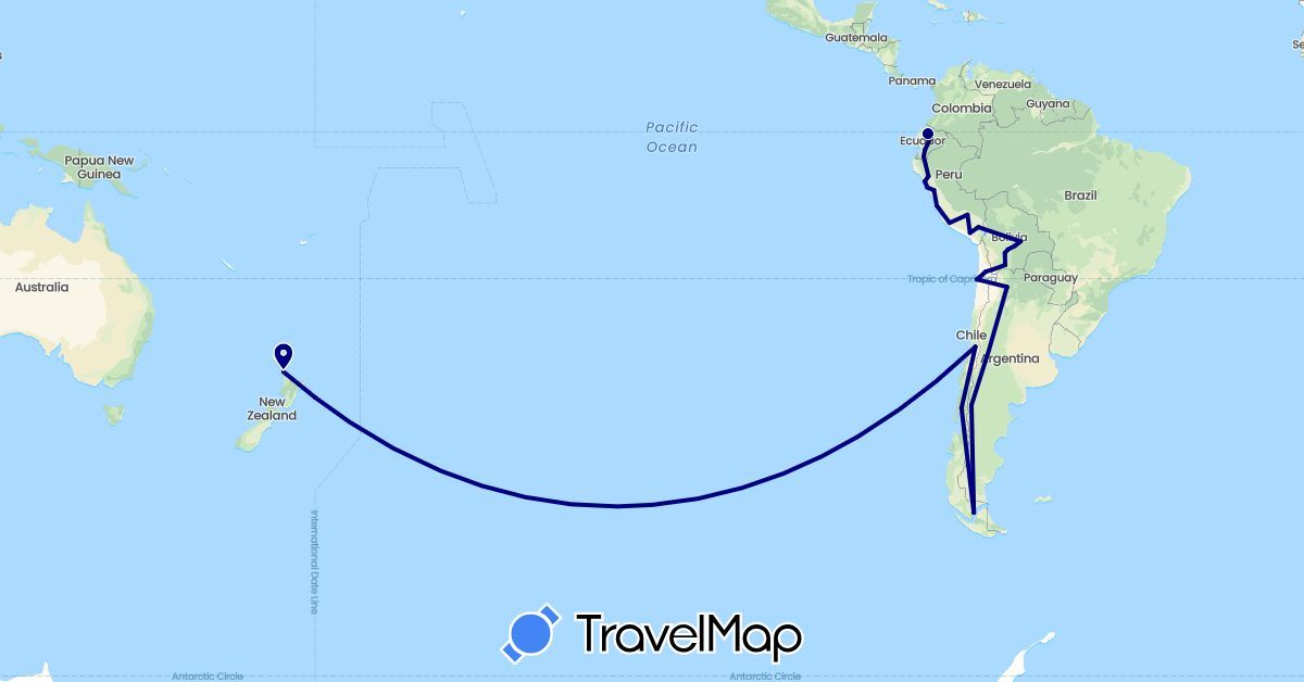 TravelMap itinerary: driving in Argentina, Bolivia, Chile, Ecuador, New Zealand, Peru (Oceania, South America)